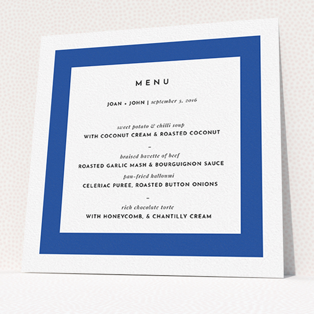 A wedding menu card design titled "Big Blue". It is a square (148mm x 148mm) menu in a square orientation. "Big Blue" is available as a flat menu, with tones of blue and white.