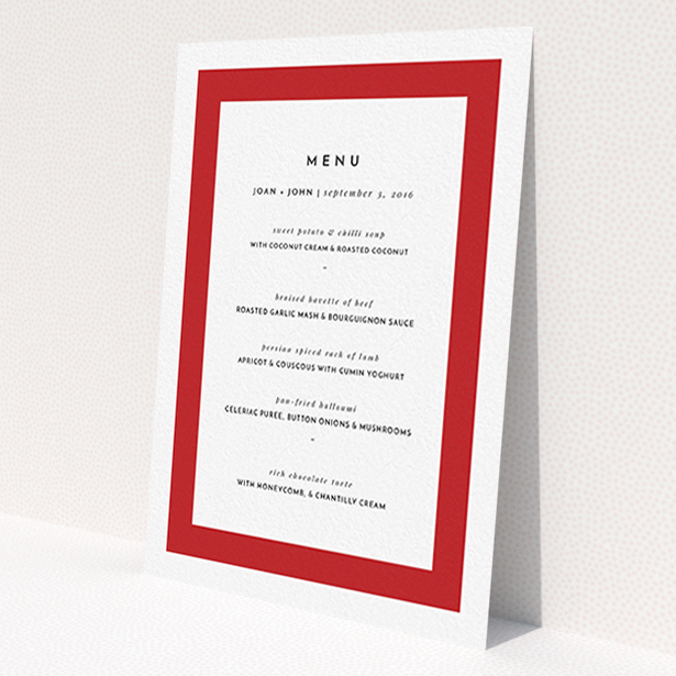 A wedding menu card design called 'Big Red'. It is an A6 menu in a portrait orientation. 'Big Red' is available as a flat menu, with tones of red and white.