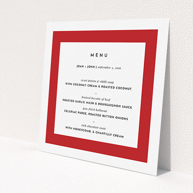 A wedding menu card named 'Big Red'. It is a square (148mm x 148mm) menu in a square orientation. 'Big Red' is available as a flat menu, with tones of red and white.