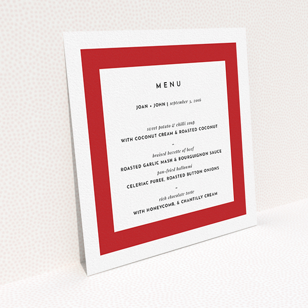 A wedding menu card named "Big Red". It is a square (148mm x 148mm) menu in a square orientation. "Big Red" is available as a flat menu, with tones of red and white.