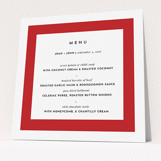 A wedding menu card named "Big Red". It is a square (148mm x 148mm) menu in a square orientation. "Big Red" is available as a flat menu, with tones of red and white.