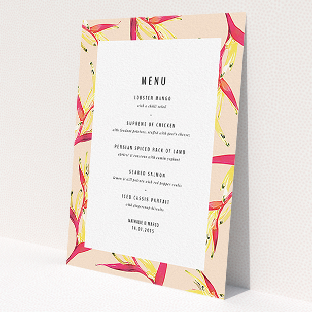 A wedding menu card called 'Birds of paradise'. It is an A6 menu in a portrait orientation. 'Birds of paradise' is available as a flat menu, with tones of dark cream and red.