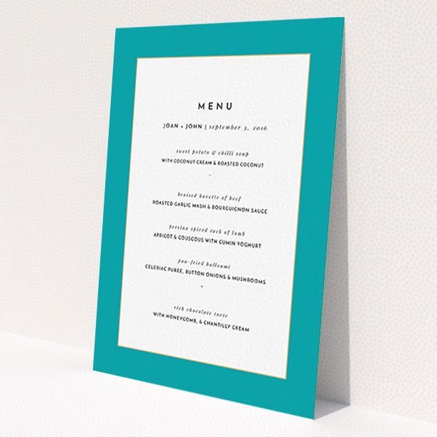 A wedding menu card design called 'Blue and Gold Flourish'. It is an A6 menu in a portrait orientation. 'Blue and Gold Flourish' is available as a flat menu, with tones of green and white.