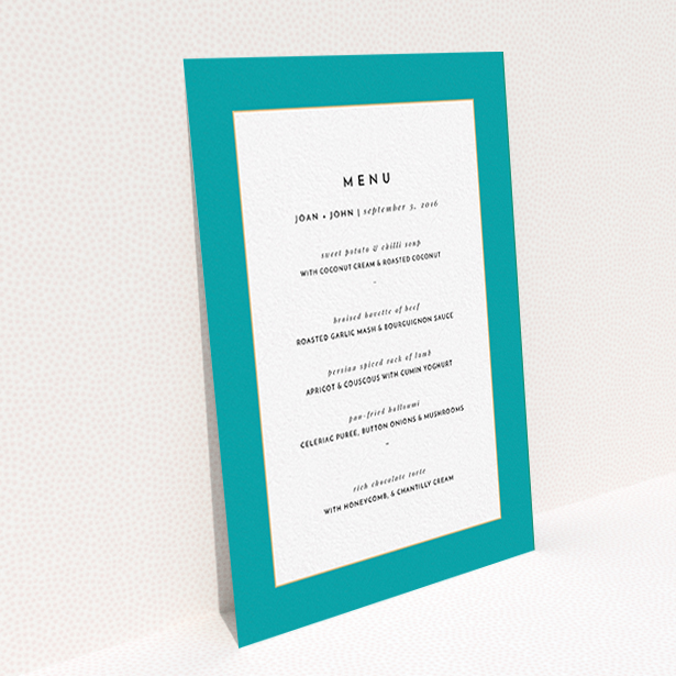 A wedding menu card design called "Blue and Gold Flourish". It is an A6 menu in a portrait orientation. "Blue and Gold Flourish" is available as a flat menu, with tones of green and white.