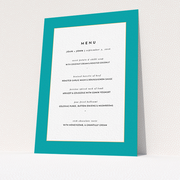 A wedding menu card design called "Blue and Gold Flourish". It is an A6 menu in a portrait orientation. "Blue and Gold Flourish" is available as a flat menu, with tones of green and white.