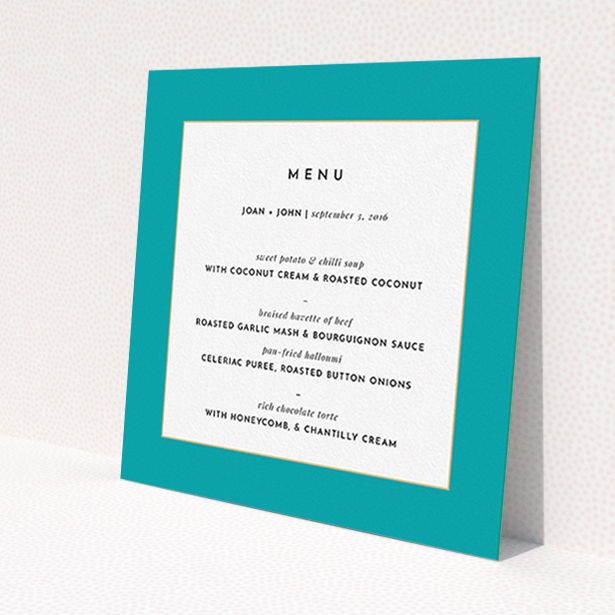 A wedding menu card design named 'Blue and Gold Flourish'. It is a square (148mm x 148mm) menu in a square orientation. 'Blue and Gold Flourish' is available as a flat menu, with tones of green and white.