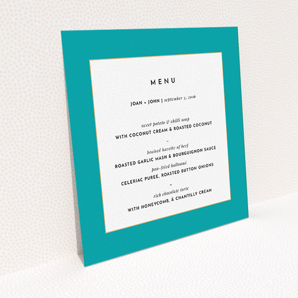 A wedding menu card design named "Blue and Gold Flourish". It is a square (148mm x 148mm) menu in a square orientation. "Blue and Gold Flourish" is available as a flat menu, with tones of green and white.