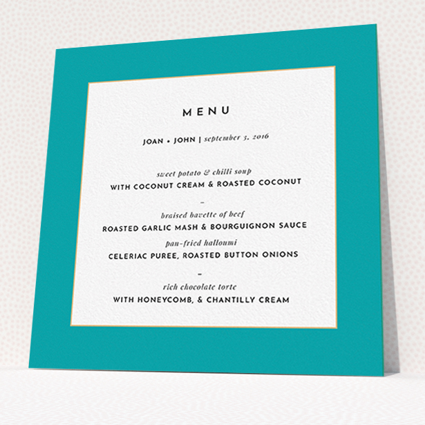 A wedding menu card design named "Blue and Gold Flourish". It is a square (148mm x 148mm) menu in a square orientation. "Blue and Gold Flourish" is available as a flat menu, with tones of green and white.