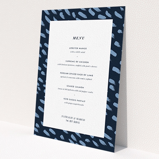 A wedding menu card template titled 'Blue strokes'. It is an A6 menu in a portrait orientation. 'Blue strokes' is available as a flat menu, with tones of blue and white.