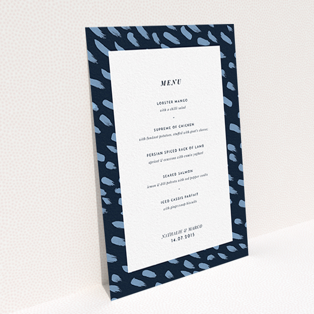 A wedding menu card template titled "Blue strokes". It is an A6 menu in a portrait orientation. "Blue strokes" is available as a flat menu, with tones of blue and white.