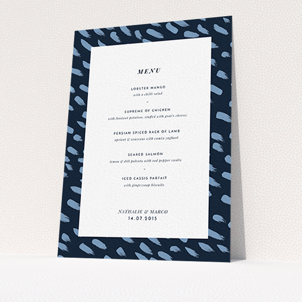 A wedding menu card template titled "Blue strokes". It is an A6 menu in a portrait orientation. "Blue strokes" is available as a flat menu, with tones of blue and white.