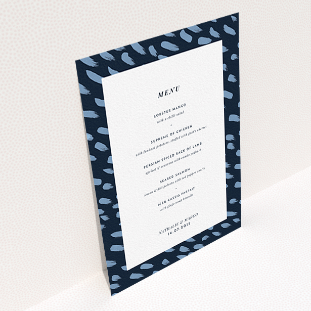 A wedding menu card template titled "Blue strokes". It is an A6 menu in a portrait orientation. "Blue strokes" is available as a flat menu, with tones of blue and white.