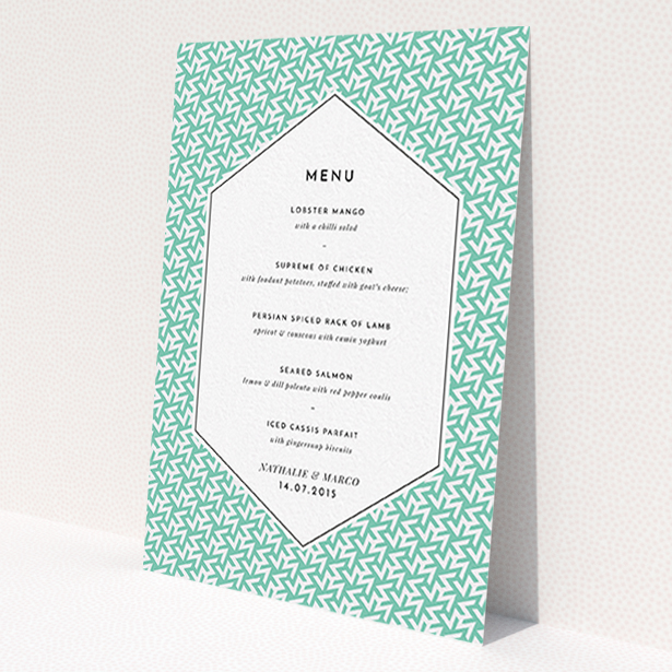 A wedding menu card design titled 'Born in the 80s'. It is an A6 menu in a portrait orientation. 'Born in the 80s' is available as a flat menu, with tones of green and white.