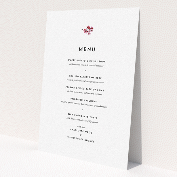 A wedding menu card named 'Branches of Cherry Blossom'. It is an A5 menu in a portrait orientation. 'Branches of Cherry Blossom' is available as a flat menu, with mainly white colouring.