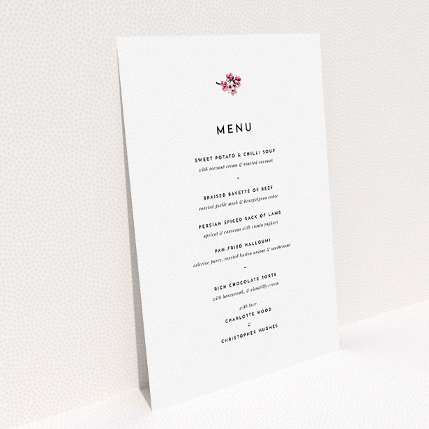 A wedding menu card named "Branches of Cherry Blossom". It is an A5 menu in a portrait orientation. "Branches of Cherry Blossom" is available as a flat menu, with mainly white colouring.