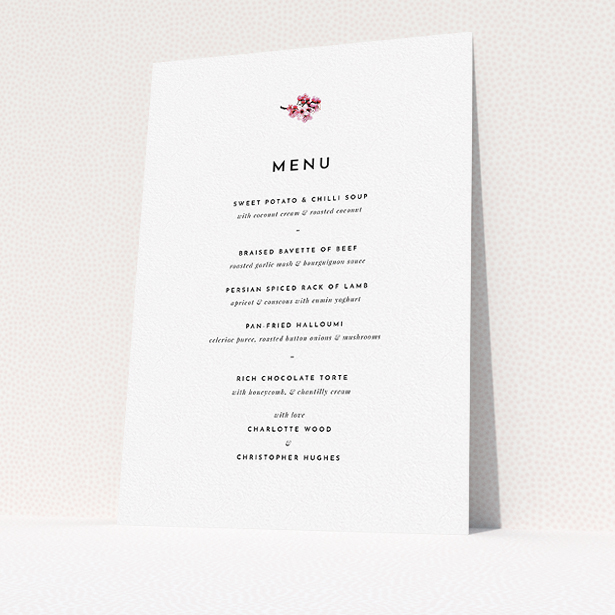 A wedding menu card named "Branches of Cherry Blossom". It is an A5 menu in a portrait orientation. "Branches of Cherry Blossom" is available as a flat menu, with mainly white colouring.