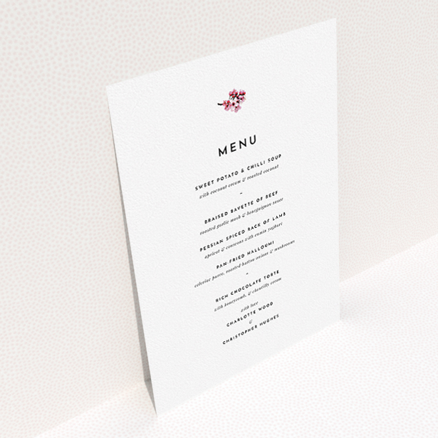 A wedding menu card named "Branches of Cherry Blossom". It is an A5 menu in a portrait orientation. "Branches of Cherry Blossom" is available as a flat menu, with mainly white colouring.