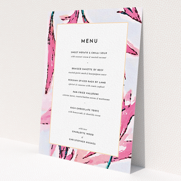 A wedding menu card called 'By the river bank'. It is an A6 menu in a portrait orientation. 'By the river bank' is available as a flat menu, with tones of vibrant pink and green.