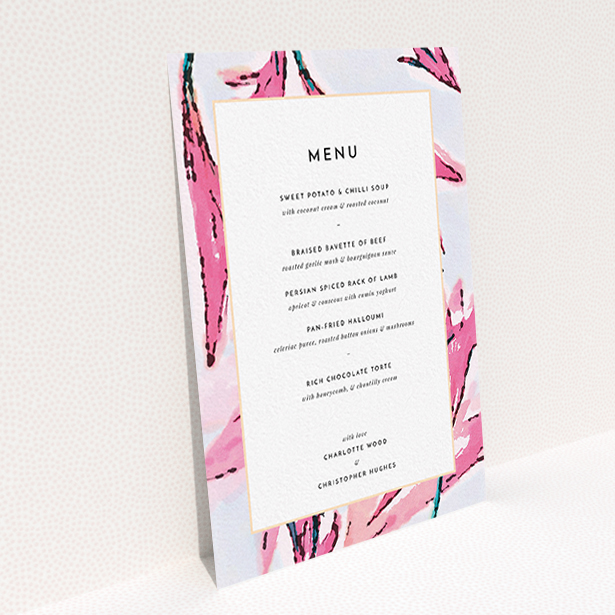 A wedding menu card called "By the river bank". It is an A6 menu in a portrait orientation. "By the river bank" is available as a flat menu, with tones of vibrant pink and green.
