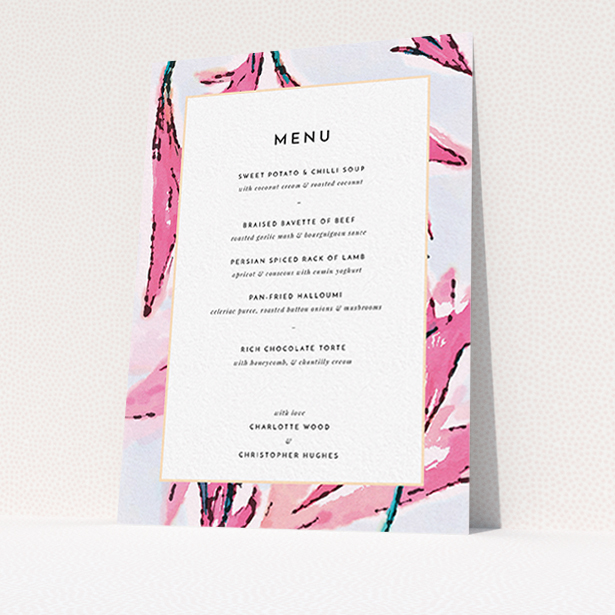 A wedding menu card called "By the river bank". It is an A6 menu in a portrait orientation. "By the river bank" is available as a flat menu, with tones of vibrant pink and green.