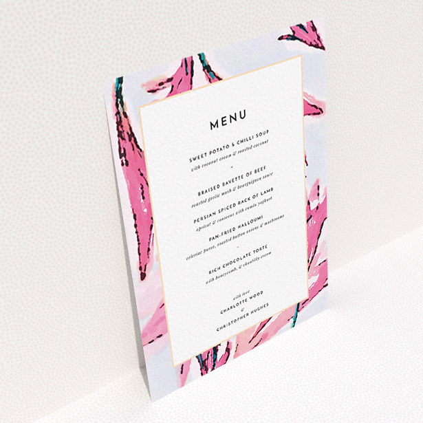 A wedding menu card called "By the river bank". It is an A6 menu in a portrait orientation. "By the river bank" is available as a flat menu, with tones of vibrant pink and green.