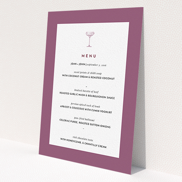 A wedding menu card named 'Coupe'. It is an A6 menu in a portrait orientation. 'Coupe' is available as a flat menu, with mainly purple/dark pink colouring.