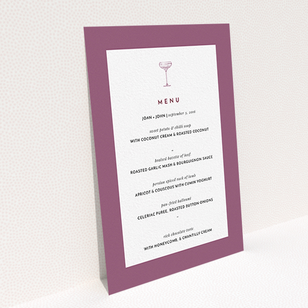 A wedding menu card named "Coupe". It is an A6 menu in a portrait orientation. "Coupe" is available as a flat menu, with mainly purple/dark pink colouring.