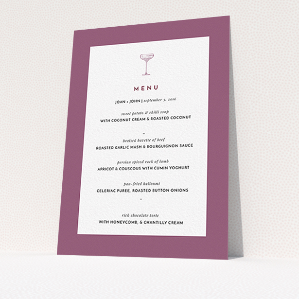 A wedding menu card named "Coupe". It is an A6 menu in a portrait orientation. "Coupe" is available as a flat menu, with mainly purple/dark pink colouring.