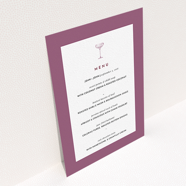 A wedding menu card named "Coupe". It is an A6 menu in a portrait orientation. "Coupe" is available as a flat menu, with mainly purple/dark pink colouring.