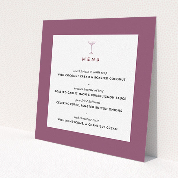 A wedding menu card design called 'Coupe'. It is a square (148mm x 148mm) menu in a square orientation. 'Coupe' is available as a flat menu, with mainly purple/dark pink colouring.