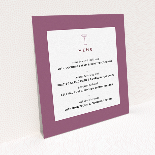 A wedding menu card design called "Coupe". It is a square (148mm x 148mm) menu in a square orientation. "Coupe" is available as a flat menu, with mainly purple/dark pink colouring.