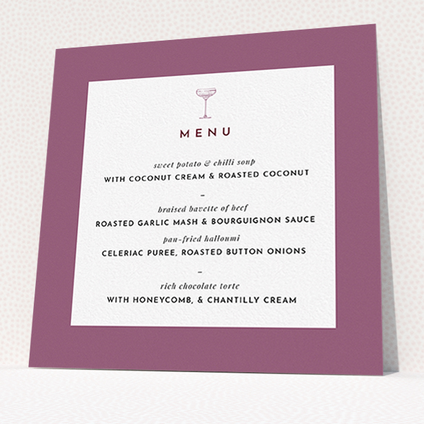 A wedding menu card design called "Coupe". It is a square (148mm x 148mm) menu in a square orientation. "Coupe" is available as a flat menu, with mainly purple/dark pink colouring.