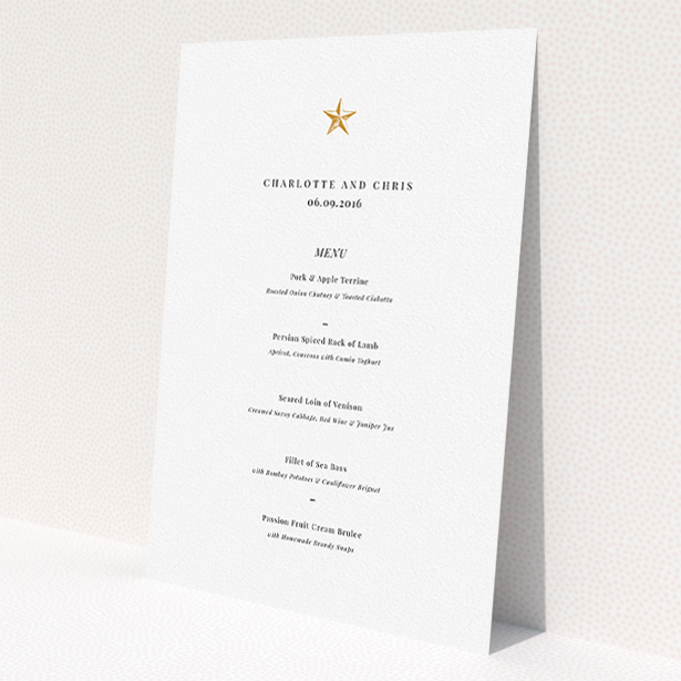 A wedding menu card design titled 'North Star'. It is an A5 menu in a portrait orientation. 'North Star' is available as a flat menu, with tones of white and gold.