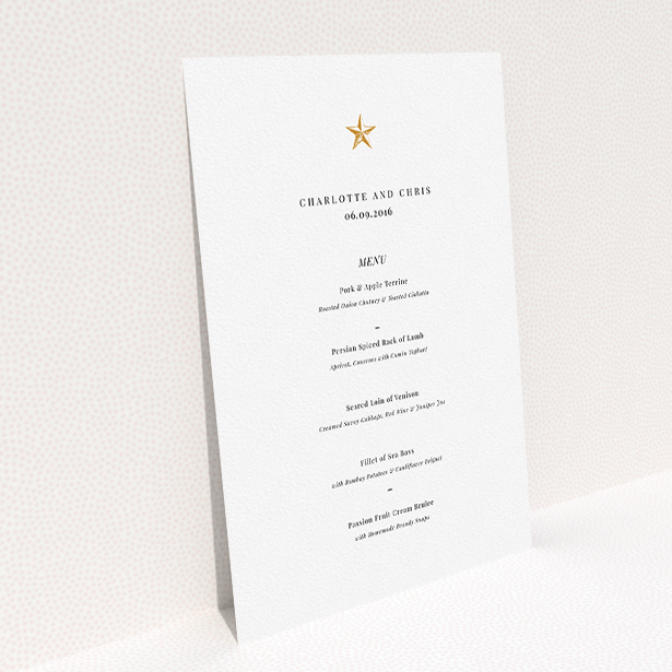 A wedding menu card design titled "North Star". It is an A5 menu in a portrait orientation. "North Star" is available as a flat menu, with tones of white and gold.
