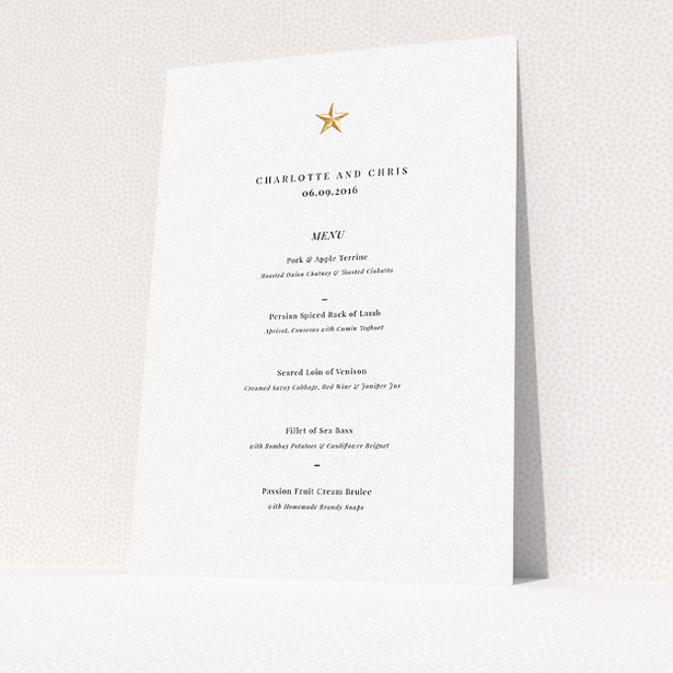 A wedding menu card design titled "North Star". It is an A5 menu in a portrait orientation. "North Star" is available as a flat menu, with tones of white and gold.