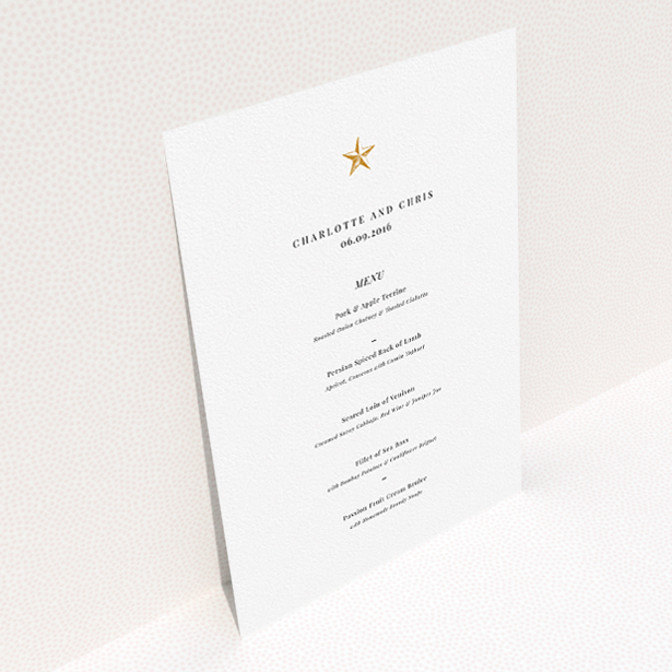 A wedding menu card design titled "North Star". It is an A5 menu in a portrait orientation. "North Star" is available as a flat menu, with tones of white and gold.