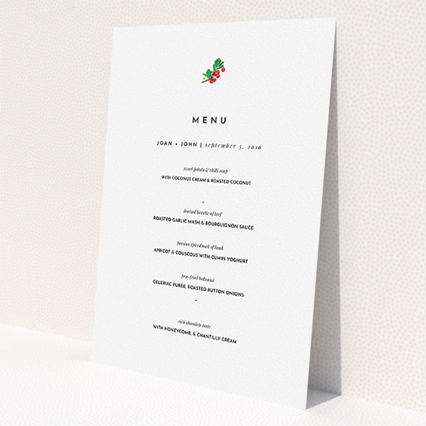 A wedding menu card named 'Oil Berries'. It is an A5 menu in a portrait orientation. 'Oil Berries' is available as a flat menu, with tones of white and green.