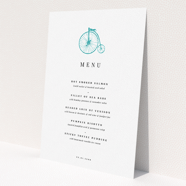 A wedding menu card design called 'On your bike new'. It is an A5 menu in a portrait orientation. 'On your bike new' is available as a flat menu, with tones of white and blue.