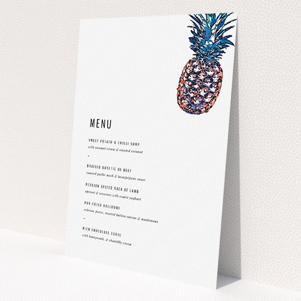 A wedding menu card template titled 'One little pineapple'. It is an A5 menu in a portrait orientation. 'One little pineapple' is available as a flat menu, with tones of white and green.