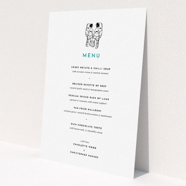 A wedding menu card called 'One small step'. It is an A5 menu in a portrait orientation. 'One small step' is available as a flat menu, with tones of white and green.
