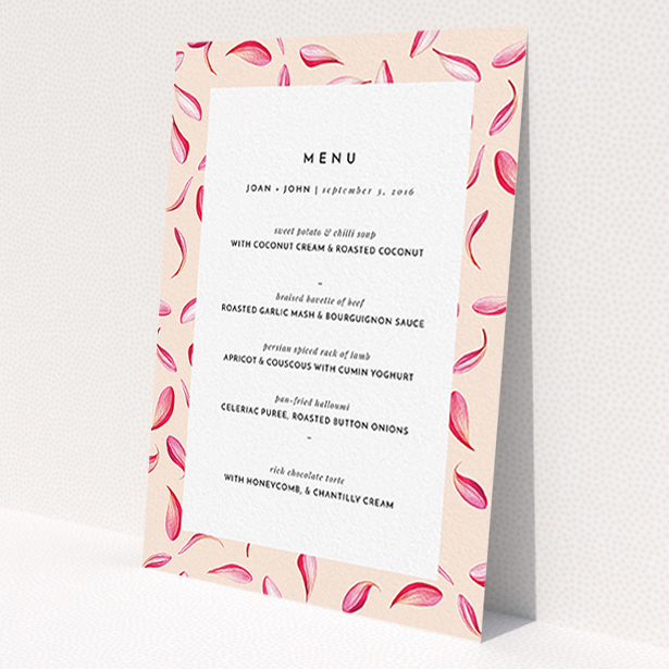 A wedding menu card named 'Petal avalanche'. It is an A6 menu in a portrait orientation. 'Petal avalanche' is available as a flat menu.
