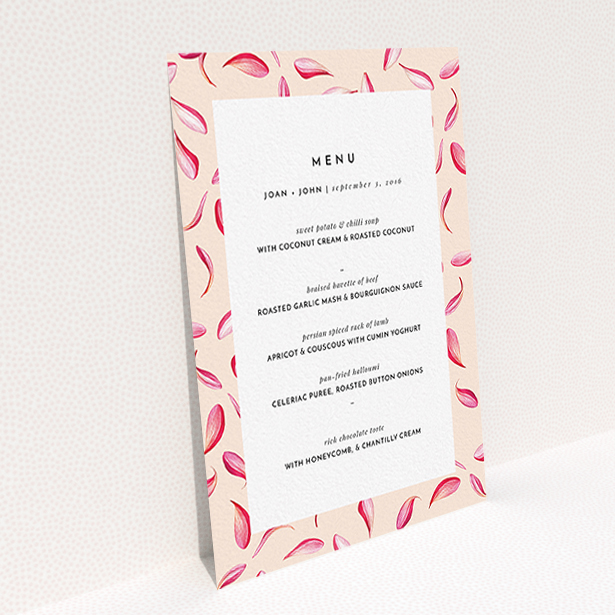 A wedding menu card named "Petal avalanche". It is an A6 menu in a portrait orientation. "Petal avalanche" is available as a flat menu.