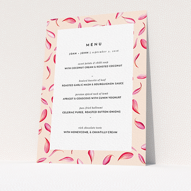 A wedding menu card named "Petal avalanche". It is an A6 menu in a portrait orientation. "Petal avalanche" is available as a flat menu.