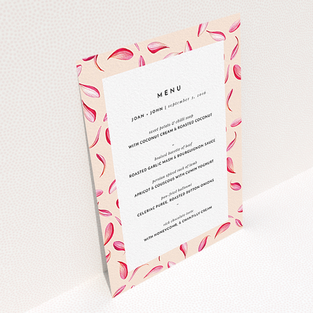 A wedding menu card named "Petal avalanche". It is an A6 menu in a portrait orientation. "Petal avalanche" is available as a flat menu.