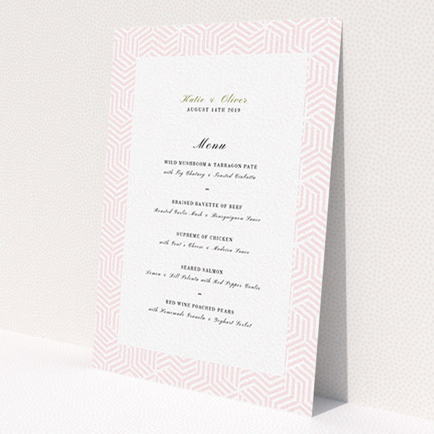 A wedding menu card design called 'Pink geometric maze'. It is an A6 menu in a portrait orientation. 'Pink geometric maze' is available as a flat menu, with tones of pink and white.