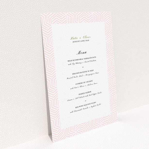 A wedding menu card design called "Pink geometric maze". It is an A6 menu in a portrait orientation. "Pink geometric maze" is available as a flat menu, with tones of pink and white.