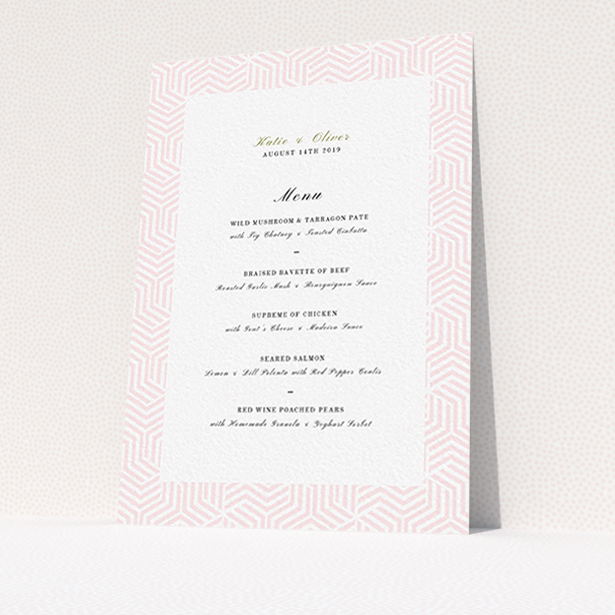 A wedding menu card design called "Pink geometric maze". It is an A6 menu in a portrait orientation. "Pink geometric maze" is available as a flat menu, with tones of pink and white.