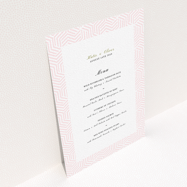 A wedding menu card design called "Pink geometric maze". It is an A6 menu in a portrait orientation. "Pink geometric maze" is available as a flat menu, with tones of pink and white.