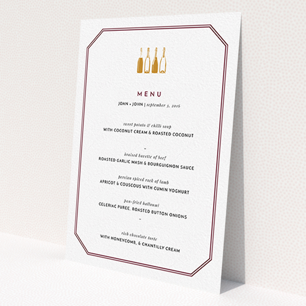 A wedding menu card design titled 'See you at the reception'. It is an A6 menu in a portrait orientation. 'See you at the reception' is available as a flat menu, with tones of burgundy and gold.