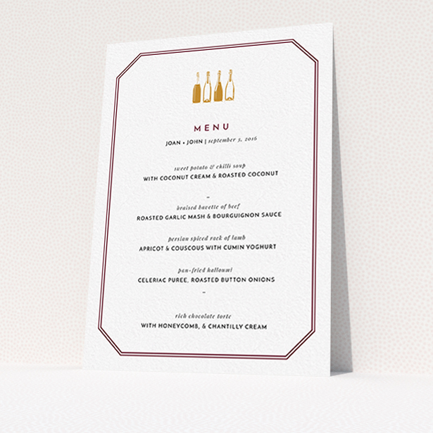 A wedding menu card design titled "See you at the reception". It is an A6 menu in a portrait orientation. "See you at the reception" is available as a flat menu, with tones of burgundy and gold.